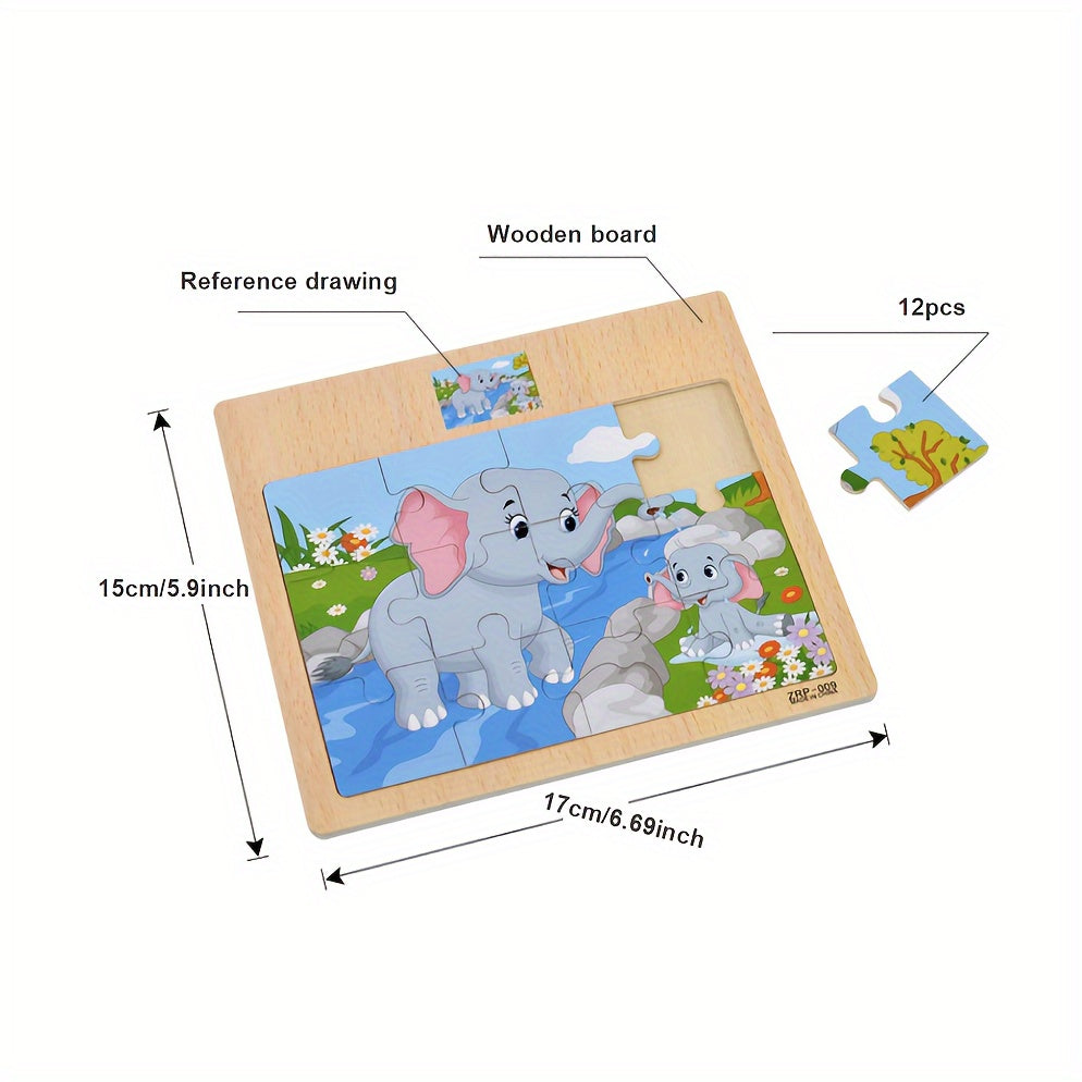 12pc Wooden Jigsaw Puzzle Cartoon Pattern Flat Panel Exercise Attention