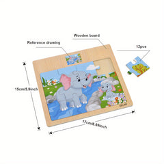 12pc Wooden Jigsaw Puzzle Cartoon Pattern Flat Panel Exercise Attention