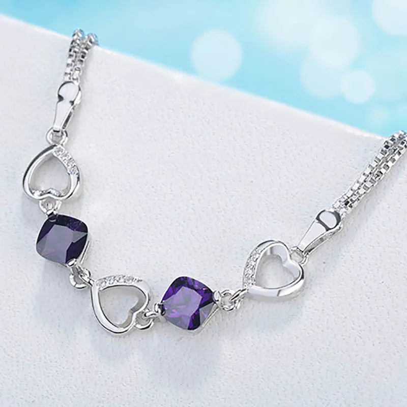 Heart Shaped Amethyst Bracelet Women Silver 925 Jewelry