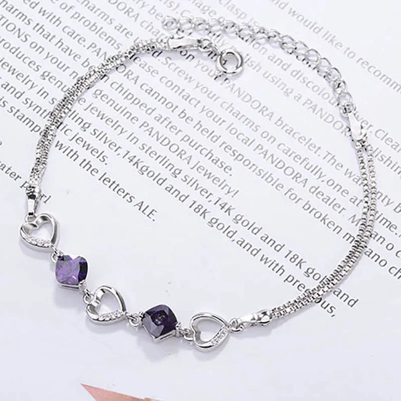 Heart Shaped Amethyst Bracelet Women Silver 925 Jewelry