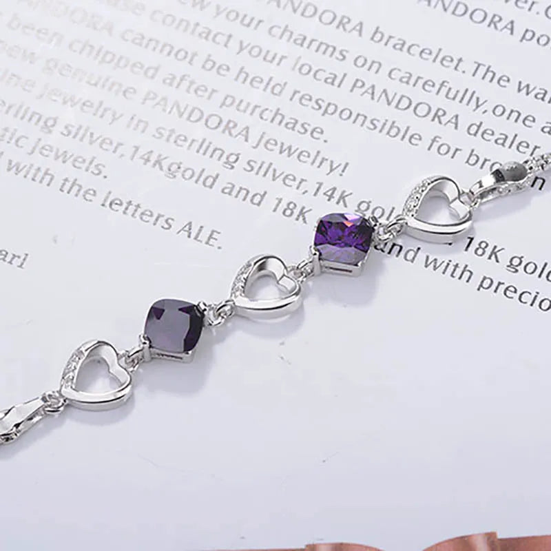 Heart Shaped Amethyst Bracelet Women Silver 925 Jewelry