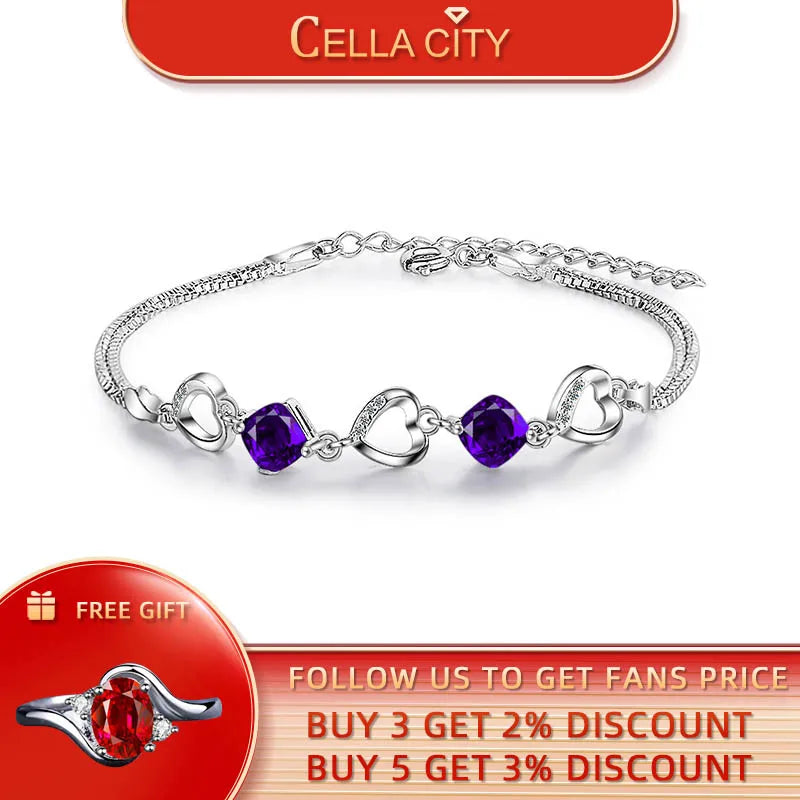 Heart Shaped Amethyst Bracelet Women Silver 925 Jewelry