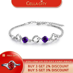 Heart Shaped Amethyst Bracelet Women Silver 925 Jewelry
