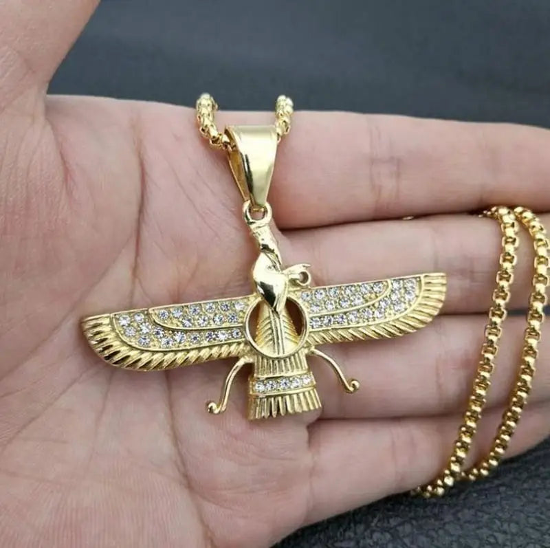 Zoroastrian Faravahar Symbol Pendant Necklace Rhinestone Bling Men's Amulet