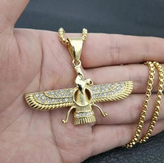 Zoroastrian Faravahar Symbol Pendant Necklace Rhinestone Bling Men's Amulet