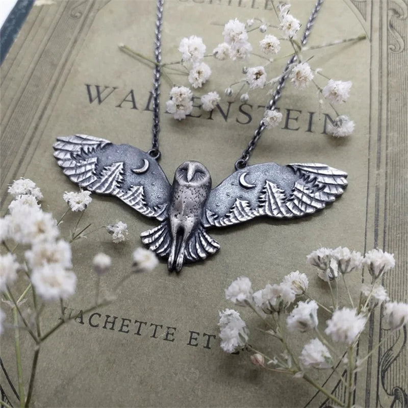 Vintage Barn Owl Moon Forest Necklace Woman Party Jewelry Gift