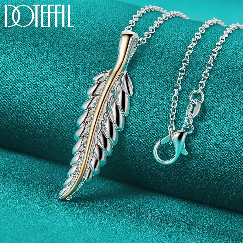 925 Silver Leaves Feather Necklace 18 Inch Chain Women Wedding Engagement Charm