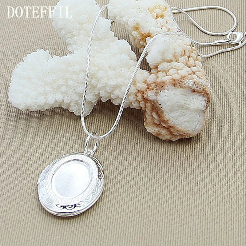 925 Silver Round Photo Frame Pendant Necklace Snake Chain Wedding Jewelry