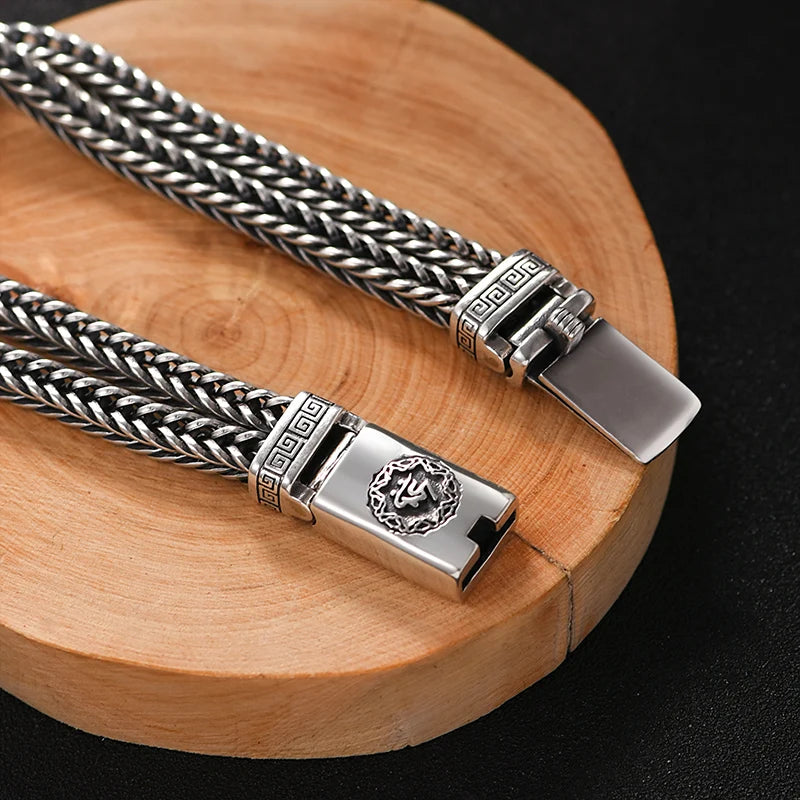 Real S925 Silver Heavy Bracelet Men's Retro Personality Vintage Jewelry