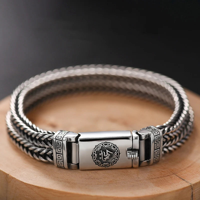 Real S925 Silver Heavy Bracelet Men's Retro Personality Vintage Jewelry