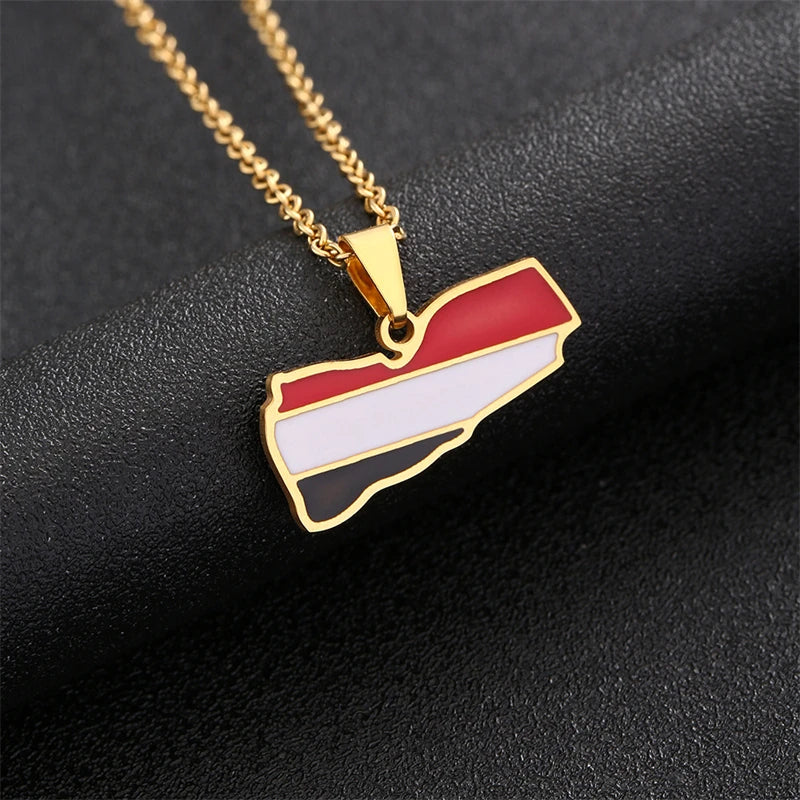 Enamel Yemen Map Flag Pendant Neckalces - Stainless Steel Yemeni Charm