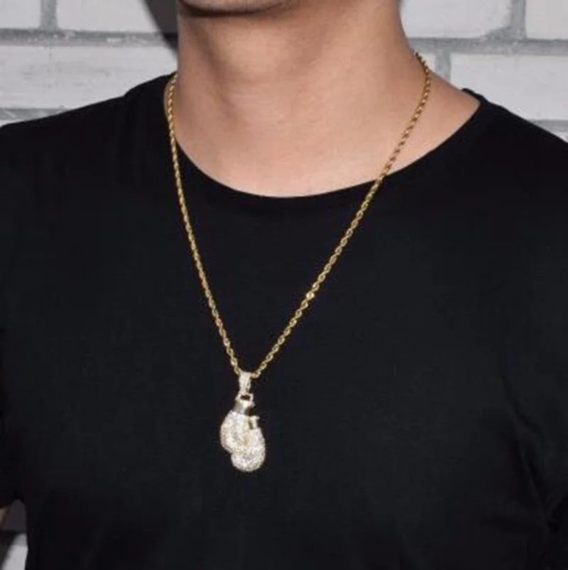 Hip Hop Ice Out Zircon Boxing Gloves Pendant Necklace Men Women