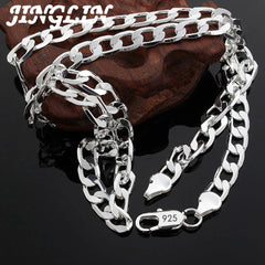 JINGLIN 925 Silver 8MM Chain Necklace 16-24 inch Flat Sideways Wedding Jewelry