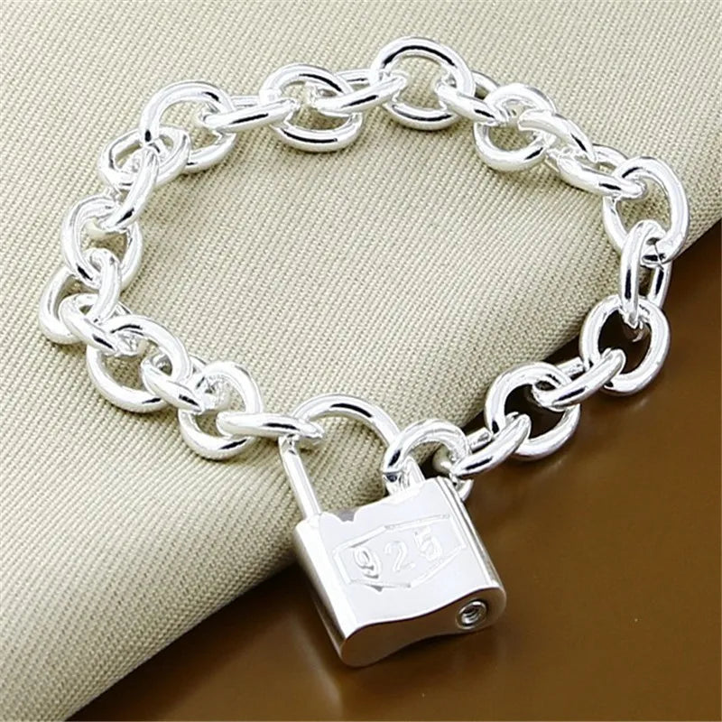 925 Silver Square Lock Link Chain Bracelet Unisex