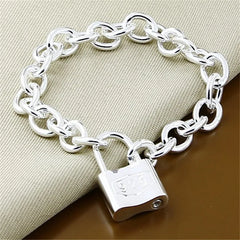 925 Silver Square Lock Link Chain Bracelet Unisex