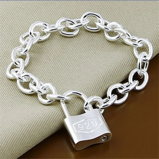 925 Silver Square Lock Link Chain Bracelet Unisex