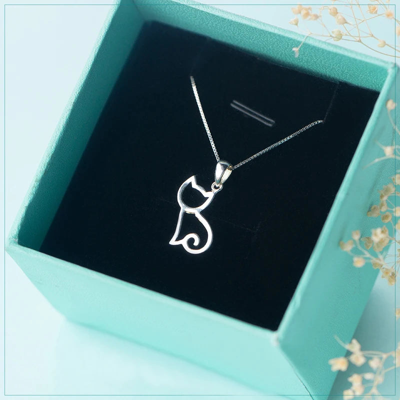 925 Silver Cat Pendant Necklace Cute Cat Women's Jewelry Gift