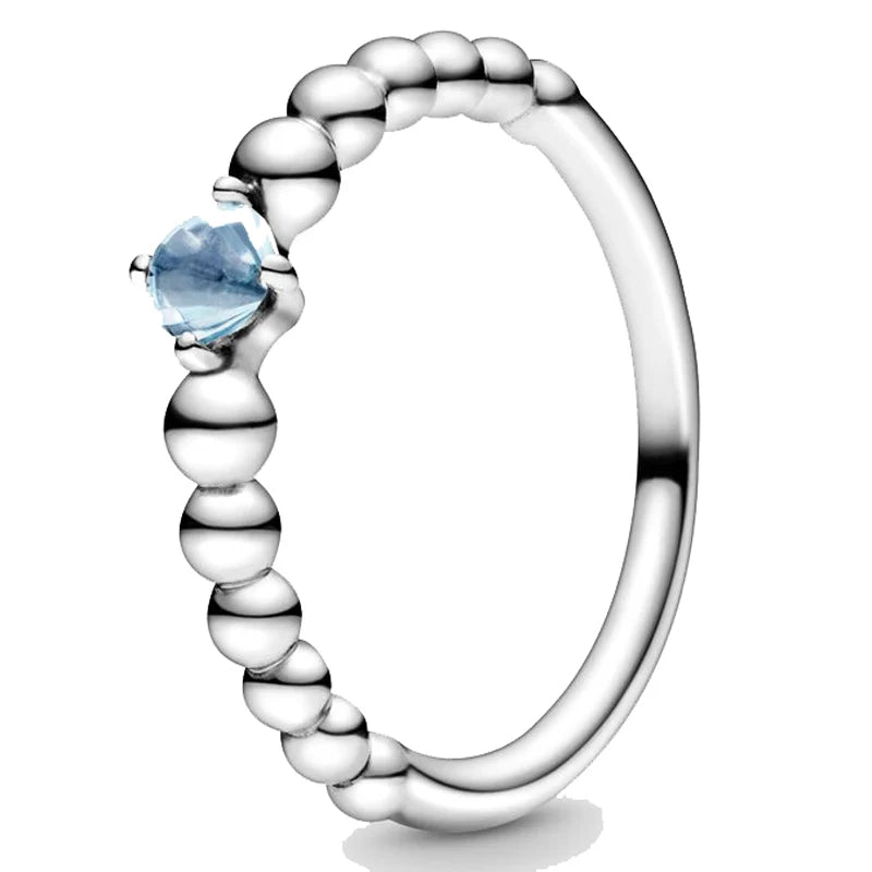 925 Silver Birthstone Beaded Ring Crystal Women Jewelry Birthday Gift