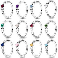 925 Silver Birthstone Beaded Ring Crystal Women Jewelry Birthday Gift