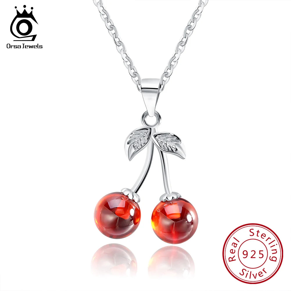 925 Silver Red Stone Cherry Pendant Necklace Women Silver Jewelry SN03