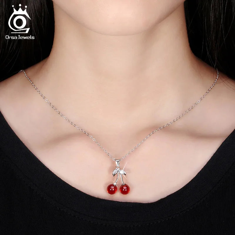925 Silver Red Stone Cherry Pendant Necklace Women Silver Jewelry SN03