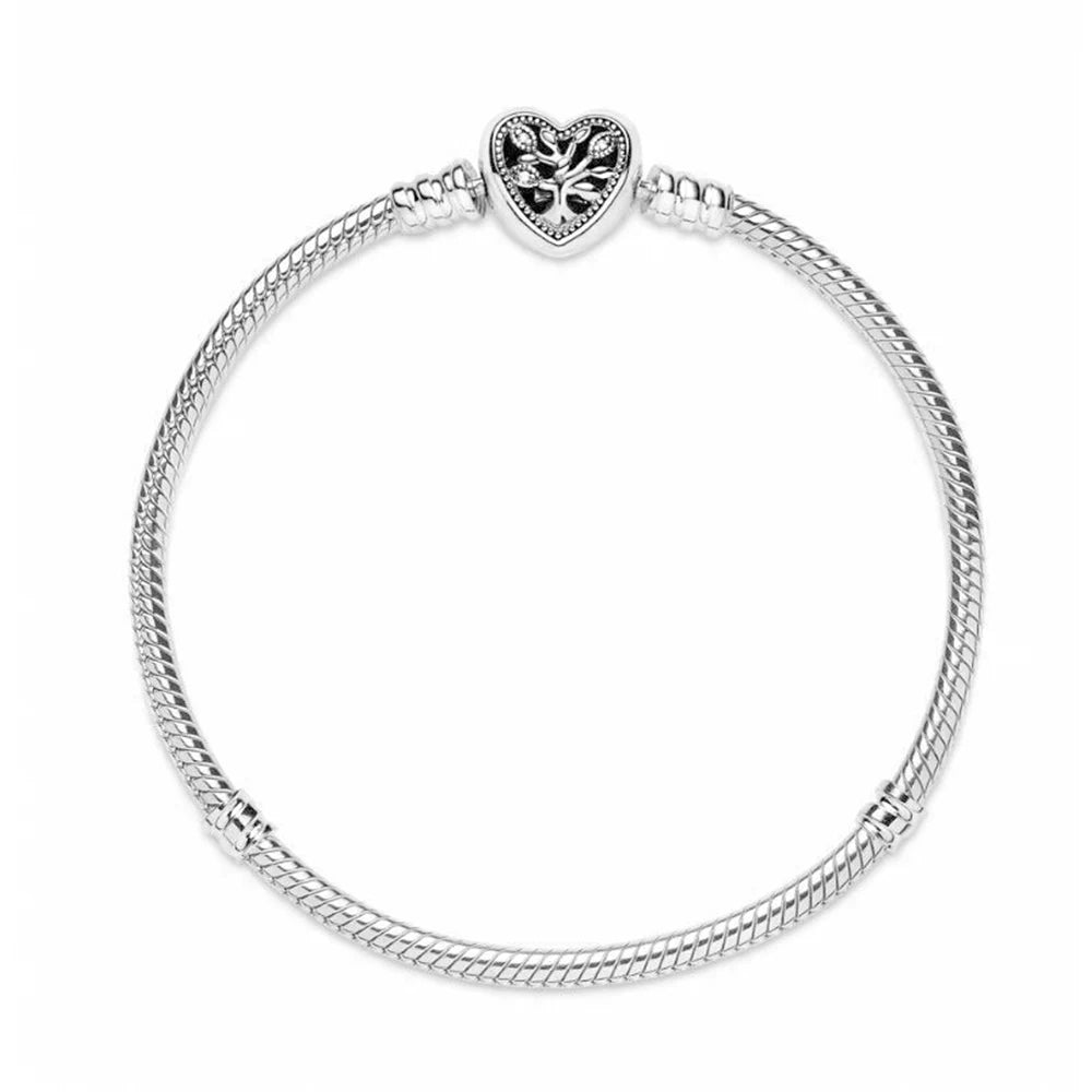 925 Silver Family Tree Heart Clasp Snake Chain Bracelet