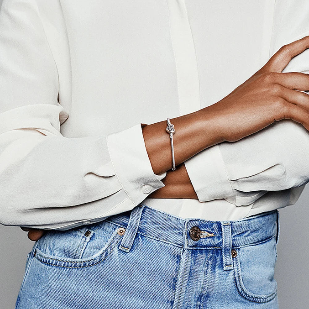 925 Silver Family Tree Heart Clasp Snake Chain Bracelet