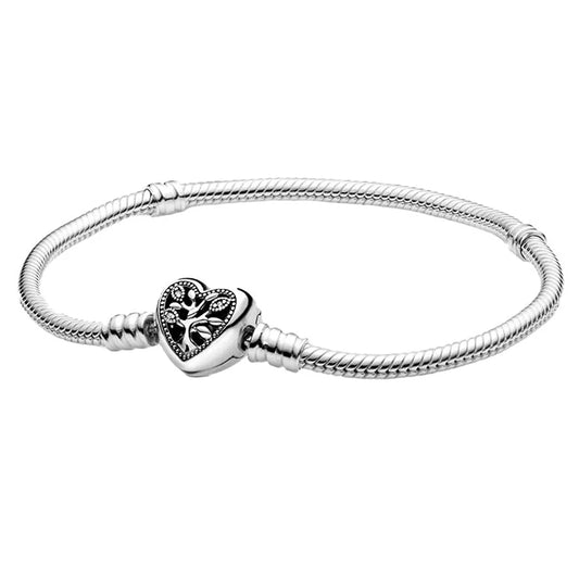 925 Silver Family Tree Heart Clasp Snake Chain Bracelet