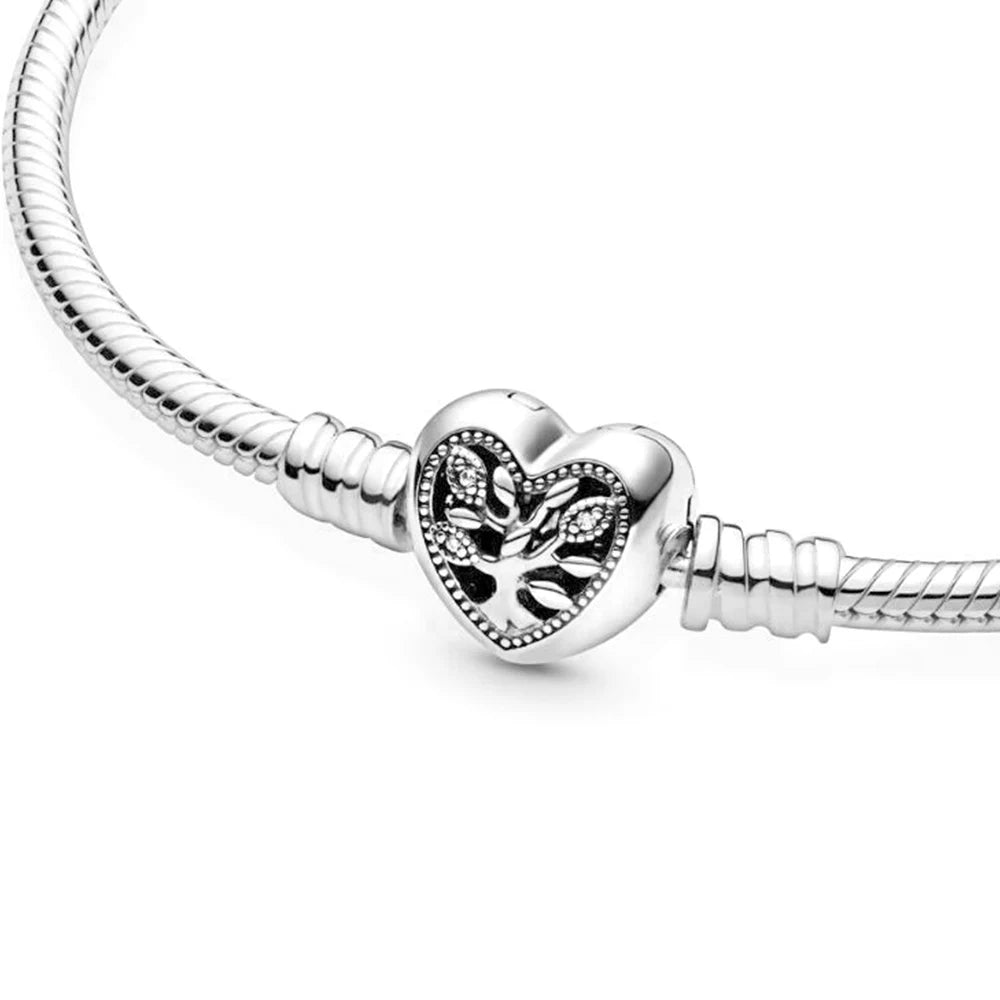 925 Silver Family Tree Heart Clasp Snake Chain Bracelet