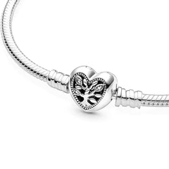 925 Silver Family Tree Heart Clasp Snake Chain Bracelet