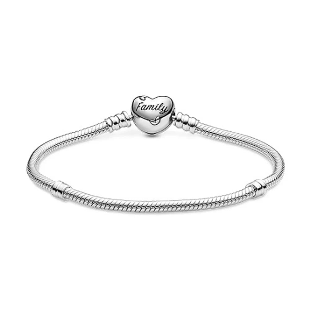 925 Silver Family Tree Heart Clasp Snake Chain Bracelet
