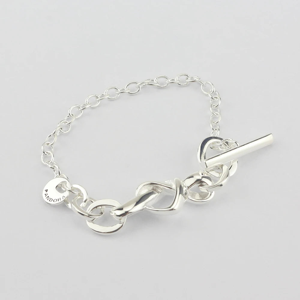 Sterling Silver Knotted Heart Charms T-Bar Bracelet 925 Bangle