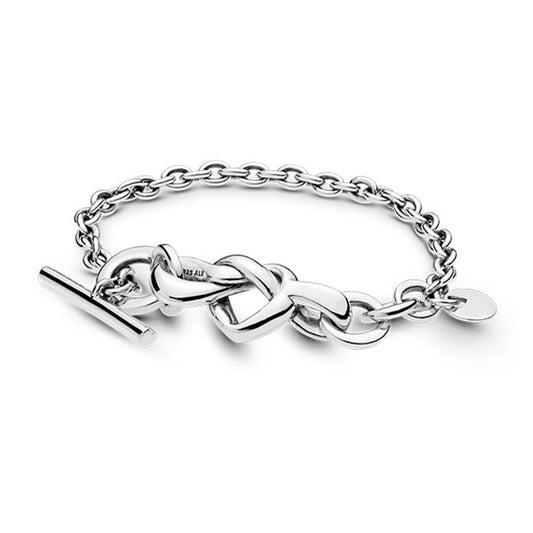 Sterling Silver Knotted Heart Charms T-Bar Bracelet 925 Bangle