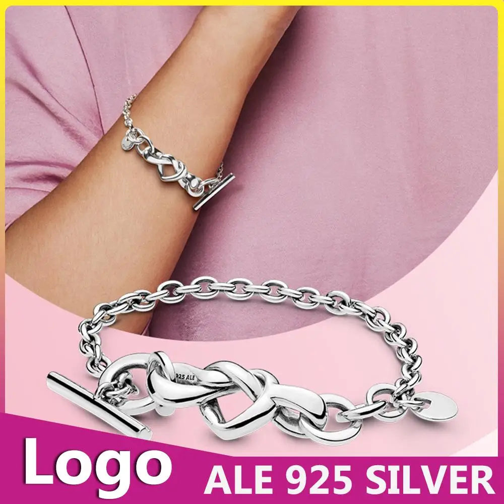 Sterling Silver Knotted Heart Charms T-Bar Bracelet 925 Bangle