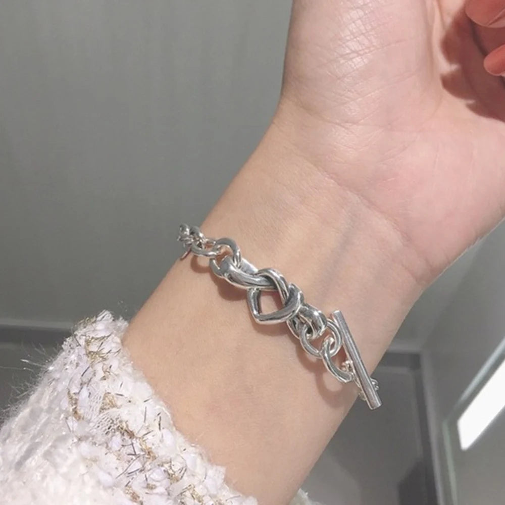 Sterling Silver Knotted Heart Charms T-Bar Bracelet 925 Bangle