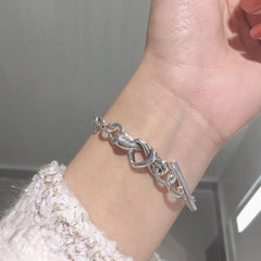 Sterling Silver Knotted Heart Charms T-Bar Bracelet 925 Bangle