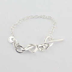 Sterling Silver Knotted Heart Charms T-Bar Bracelet 925 Bangle