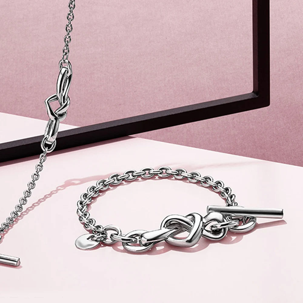Sterling Silver Knotted Heart Charms T-Bar Bracelet 925 Bangle