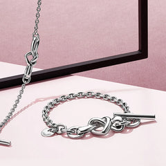 Sterling Silver Knotted Heart Charms T-Bar Bracelet 925 Bangle