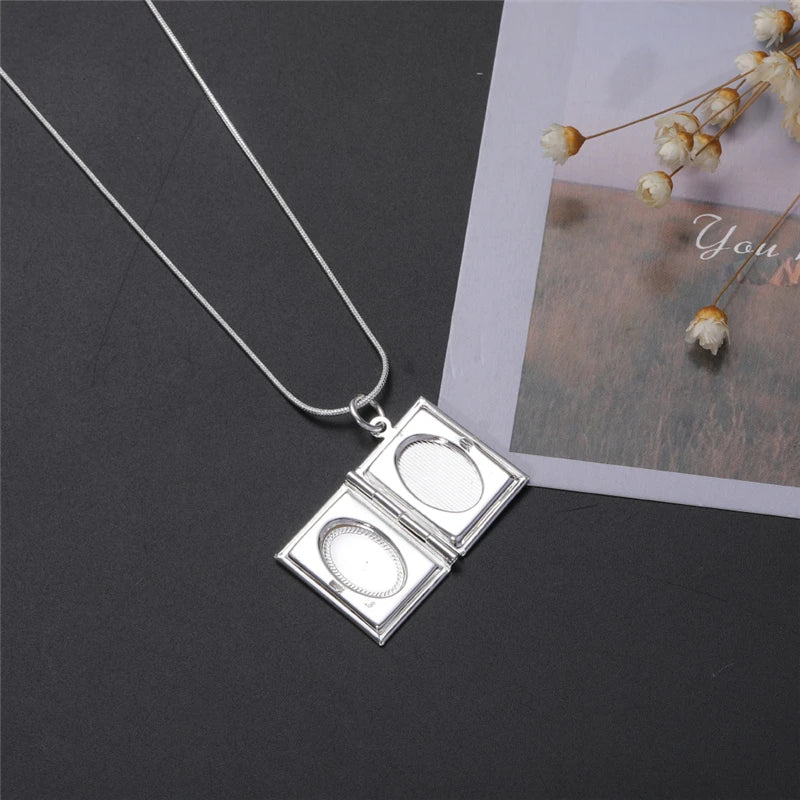 Vintage Silver 925 Square Openable Photo Locket Pendant Necklace