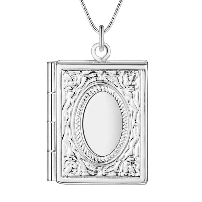 Vintage Silver 925 Square Openable Photo Locket Pendant Necklace