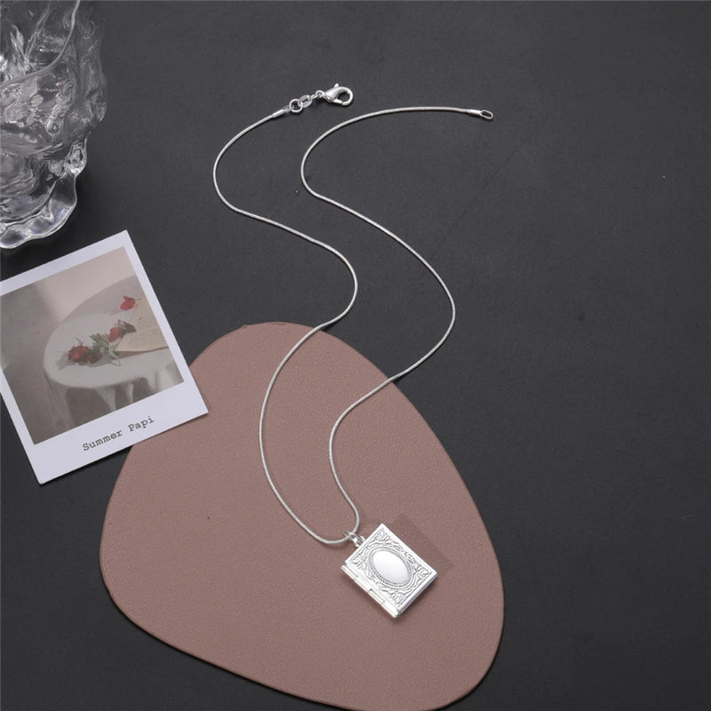 Vintage Silver 925 Square Openable Photo Locket Pendant Necklace