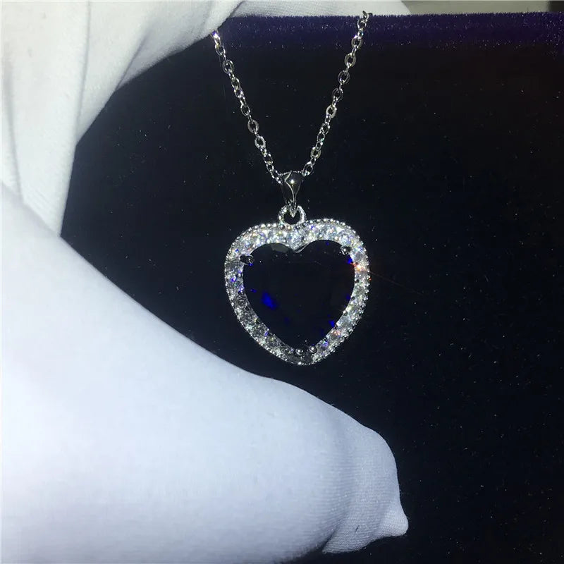 925 Silver Heart of the Ocean Sapphire Pendant Necklace for Women