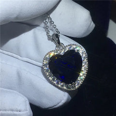 925 Silver Heart of the Ocean Sapphire Pendant Necklace for Women