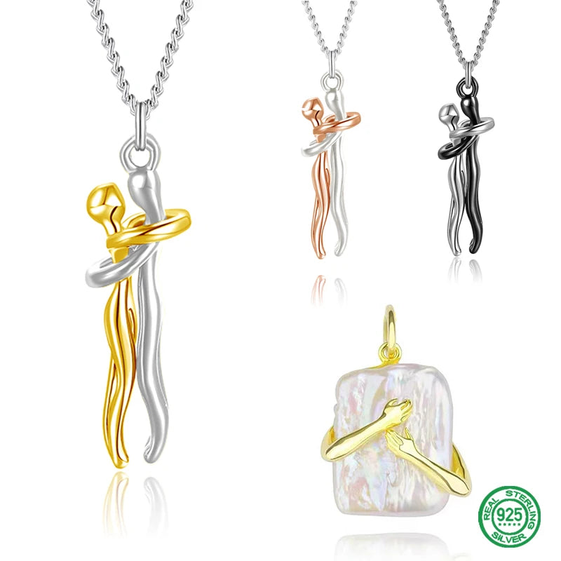 S925 Silver Women's Pearl Necklace Couple Hug Pendant Chain 2021