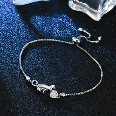 Zircon Cat Ball Chain Bracelet Silver Adjustable Party Jewelry