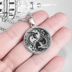 Silver Yin Yang Double Dragon Pendant Necklace