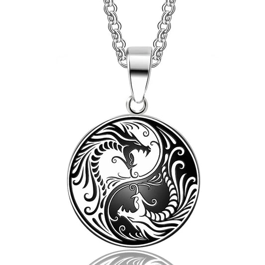 Silver Yin Yang Double Dragon Pendant Necklace