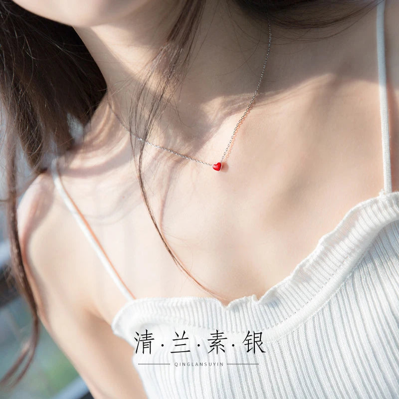 Silver Red Heart Pendant Long Chain Necklace For Women