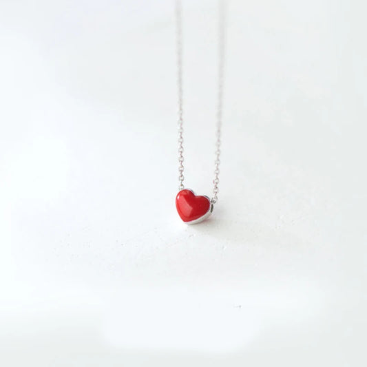 Silver Red Heart Pendant Long Chain Necklace For Women